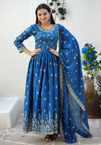 Lehenga Mart Designer Chinon Gown With Sequence Embroidered Work - Blue
