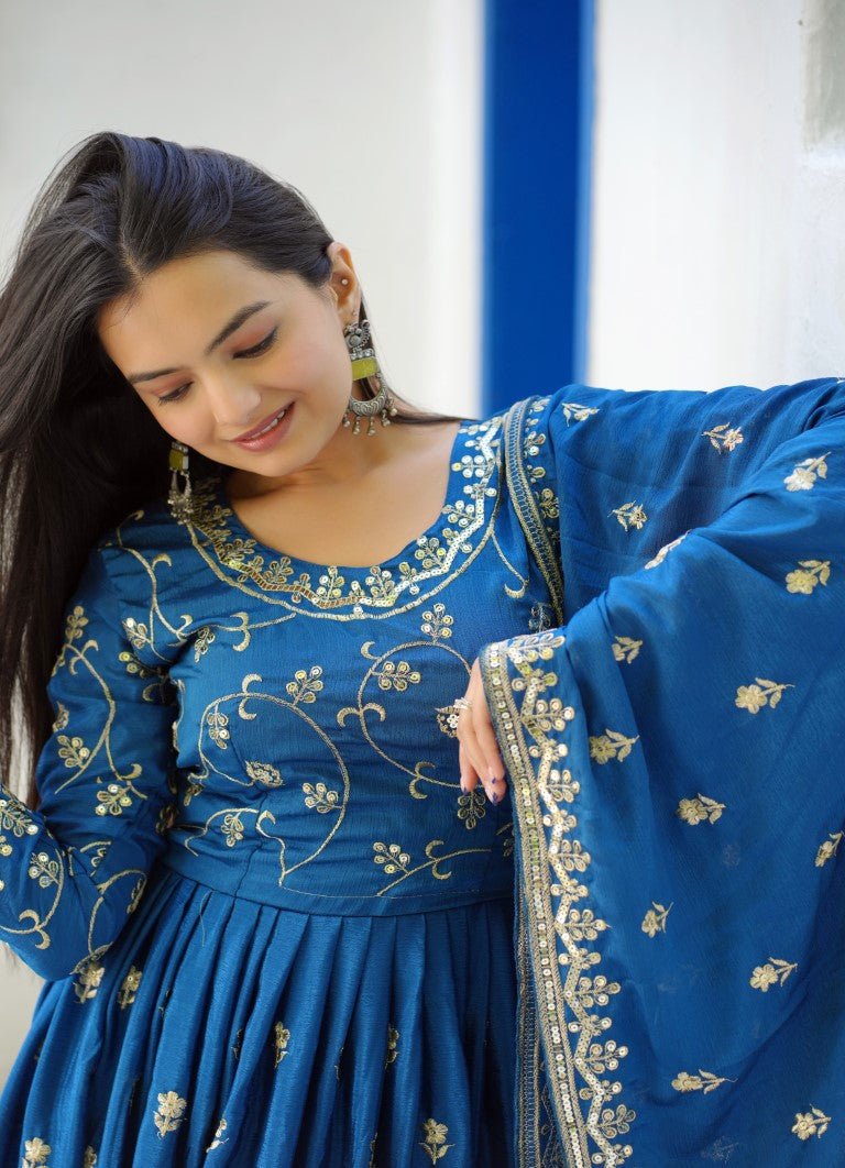 Lehenga Mart Designer Chinon Gown With Sequence Embroidered Work - Blue