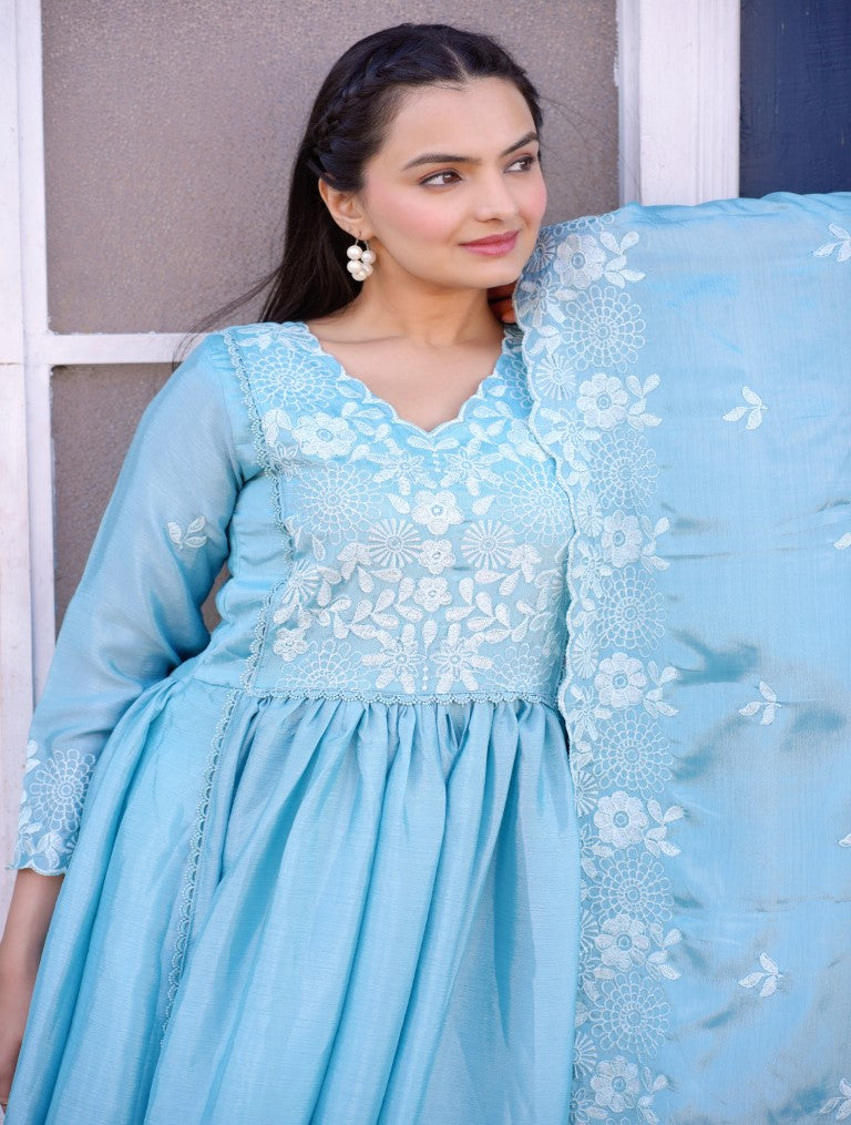 Lehenga Mart Designer Chinon Gown With Embroidered Work - Sky Blue