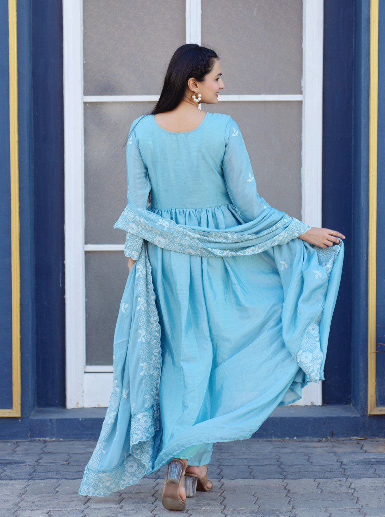 Lehenga Mart Designer Chinon Gown With Embroidered Work - Sky Blue