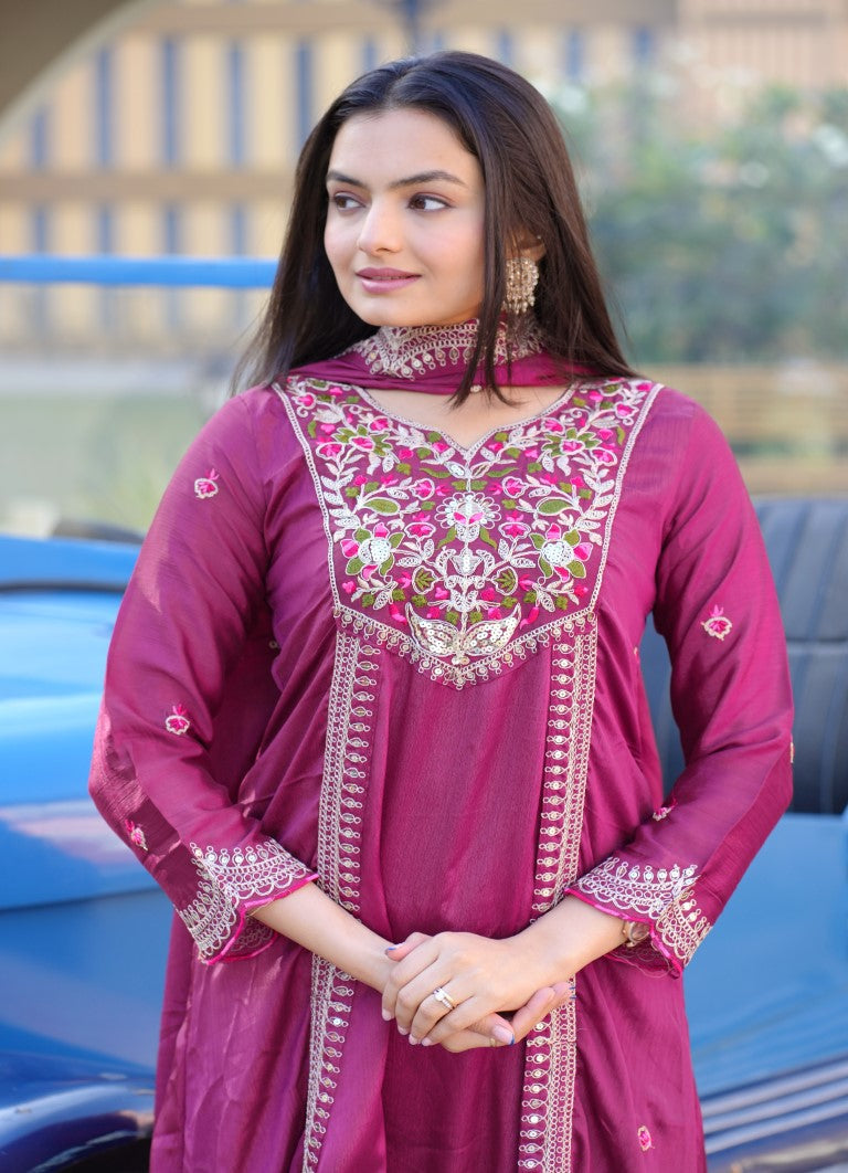 Lehenga Mart Designer Chinon Gown With Coding Sequence Embroidered Work - Purple - Distacart