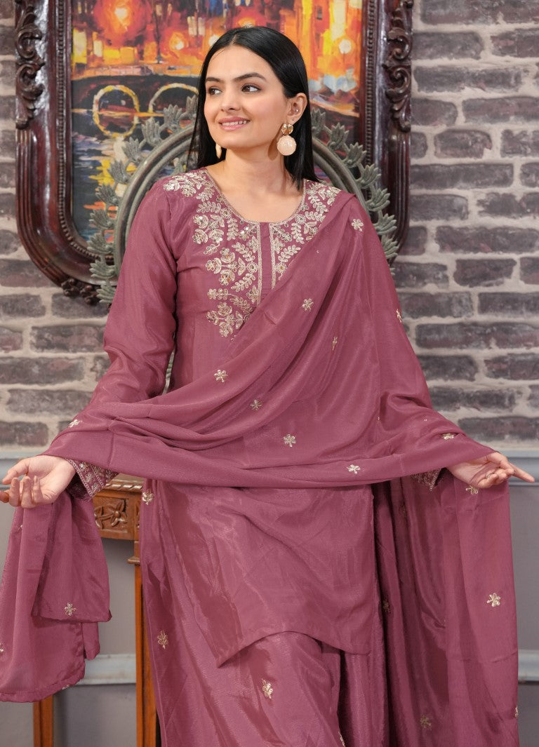 Lehenga Mart Designer Chinon Suit With Sequence Embroidered Work - Pink