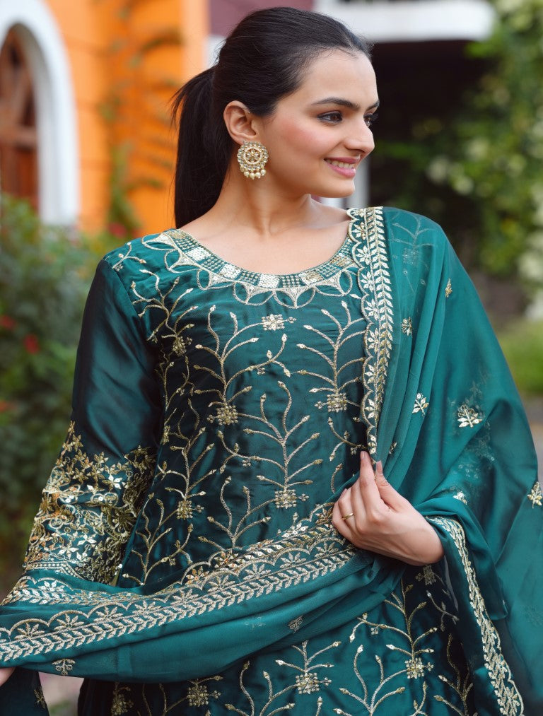Lehenga Mart Designer Rangoli Suit With Sequence Embroidered Work - Green