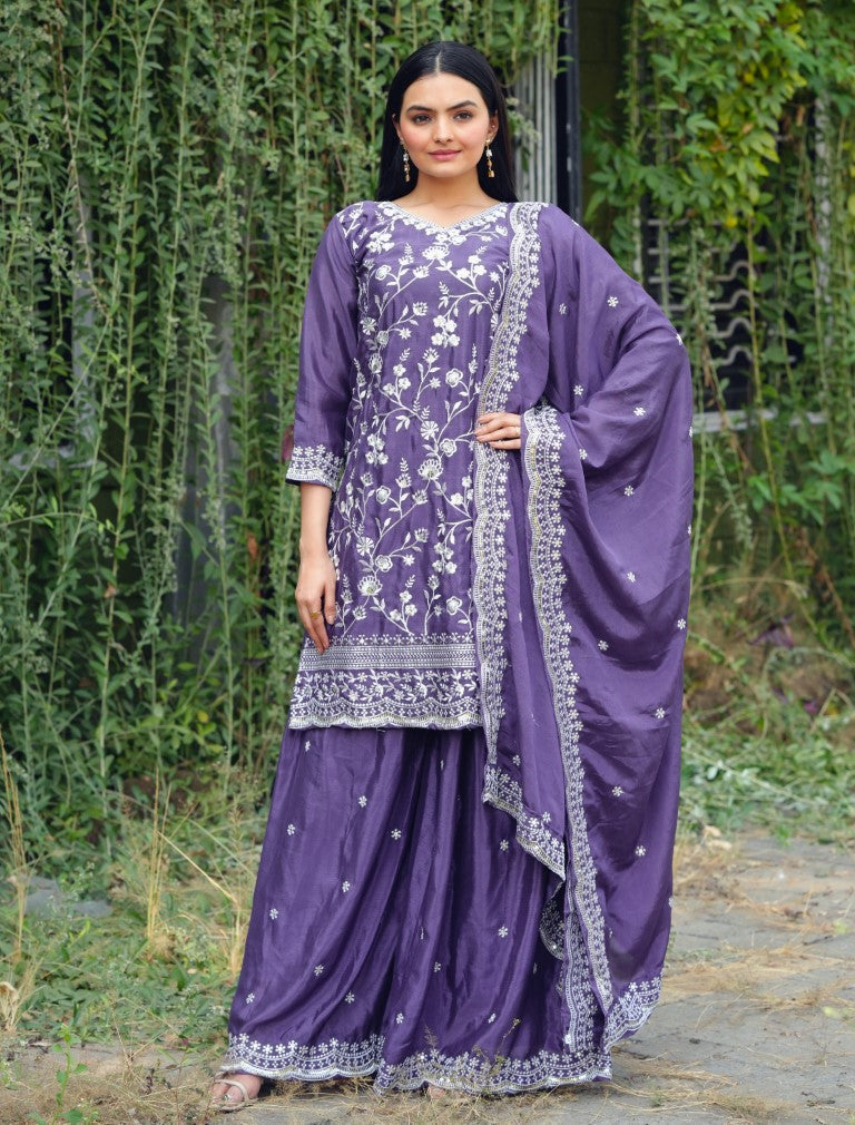 Lehenga Mart Designer Chinon Sharara Suit With Sequence Embroidered Work - Blue - Distacart