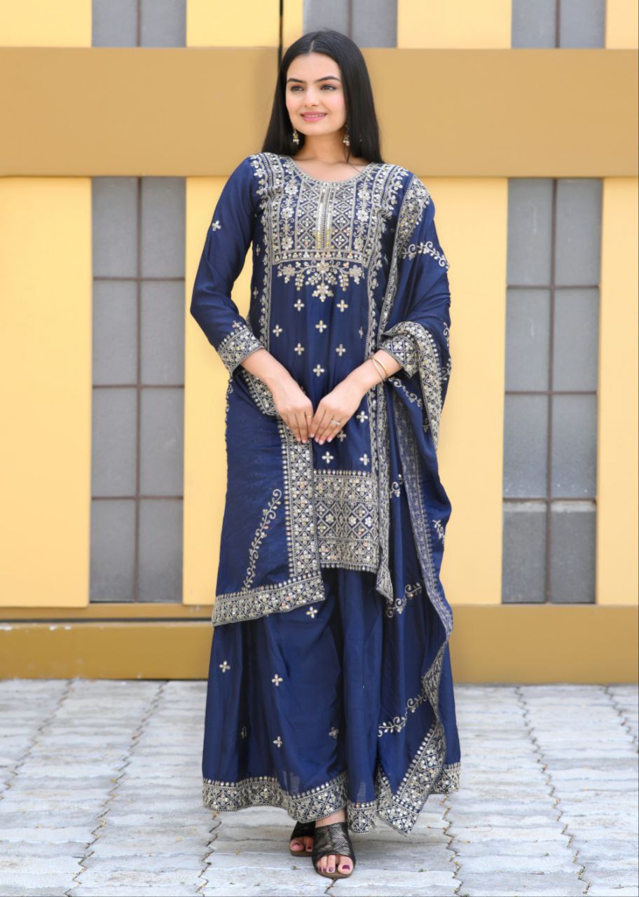 Lehenga Mart Designer Chinon Suit With Coding Sequence Embroidered Work - Blue