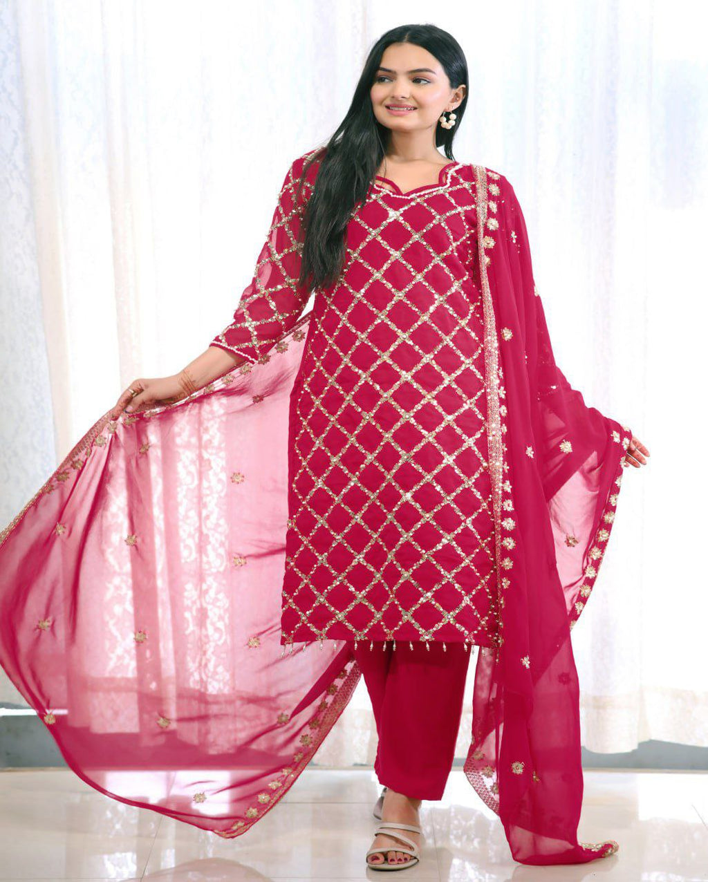 Lehenga Mart Designer Faux Georgette Suit With Sequence Embroidered Work With Rivet Moti - Pink