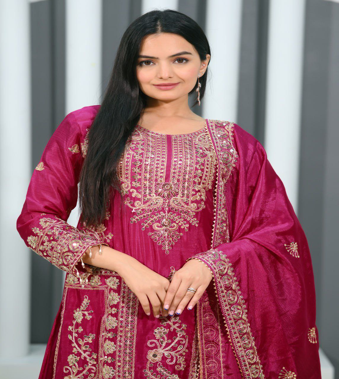 Lehenga Mart Designer Chinon Suit With Coding Sequence Embroidered Work - Pink
