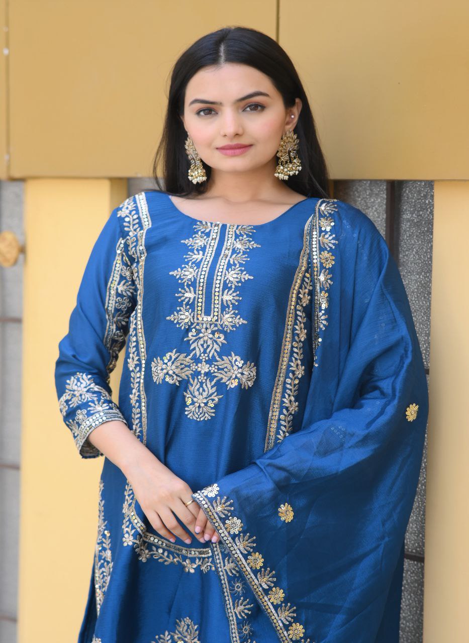 Lehenga Mart Designer Chinon Suit With Sequence Embroidered Work - Blue