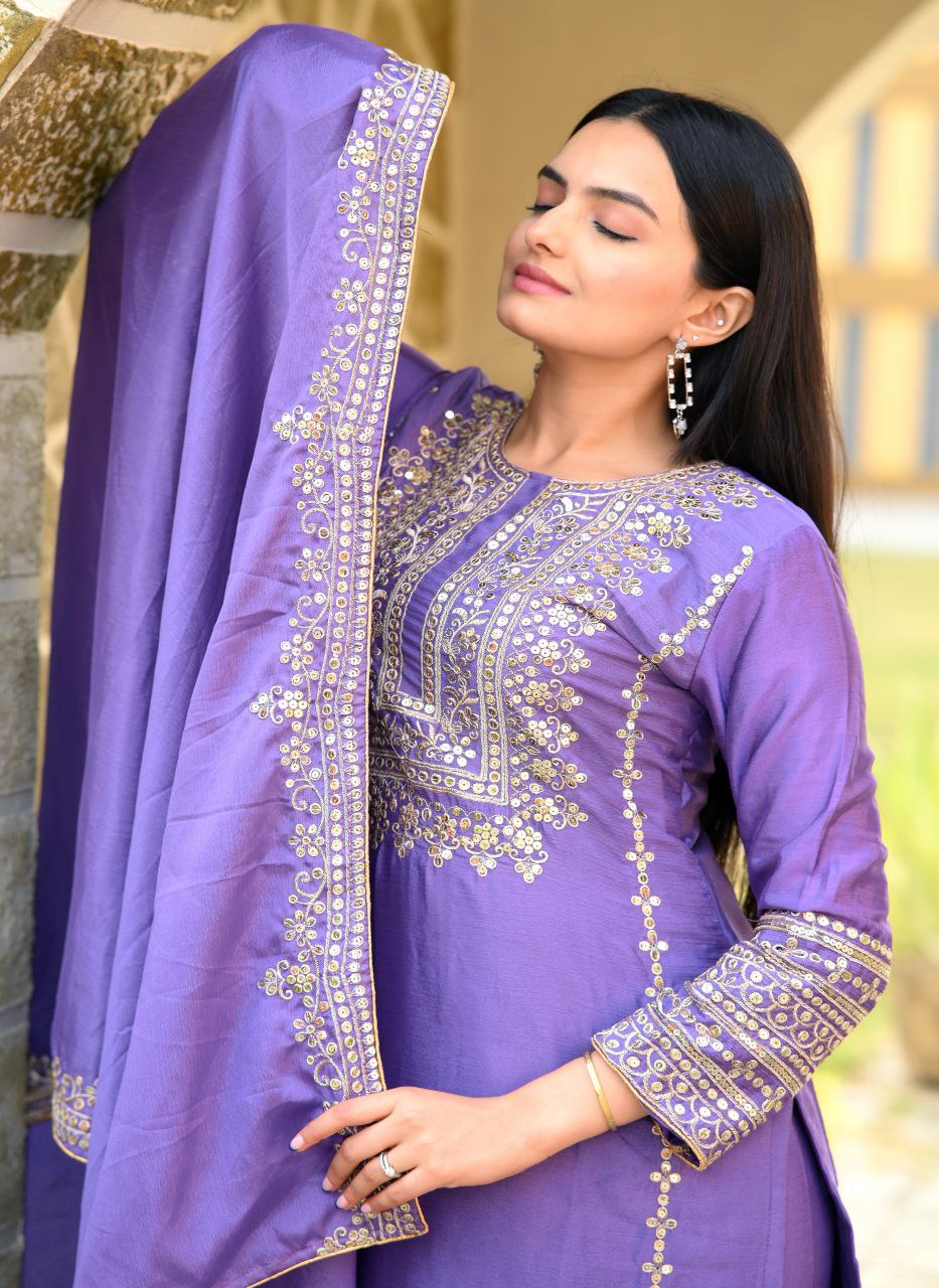 Lehenga Mart Designer Chinon Suit With Sequence Embroidered Work - Lavender - Distacart