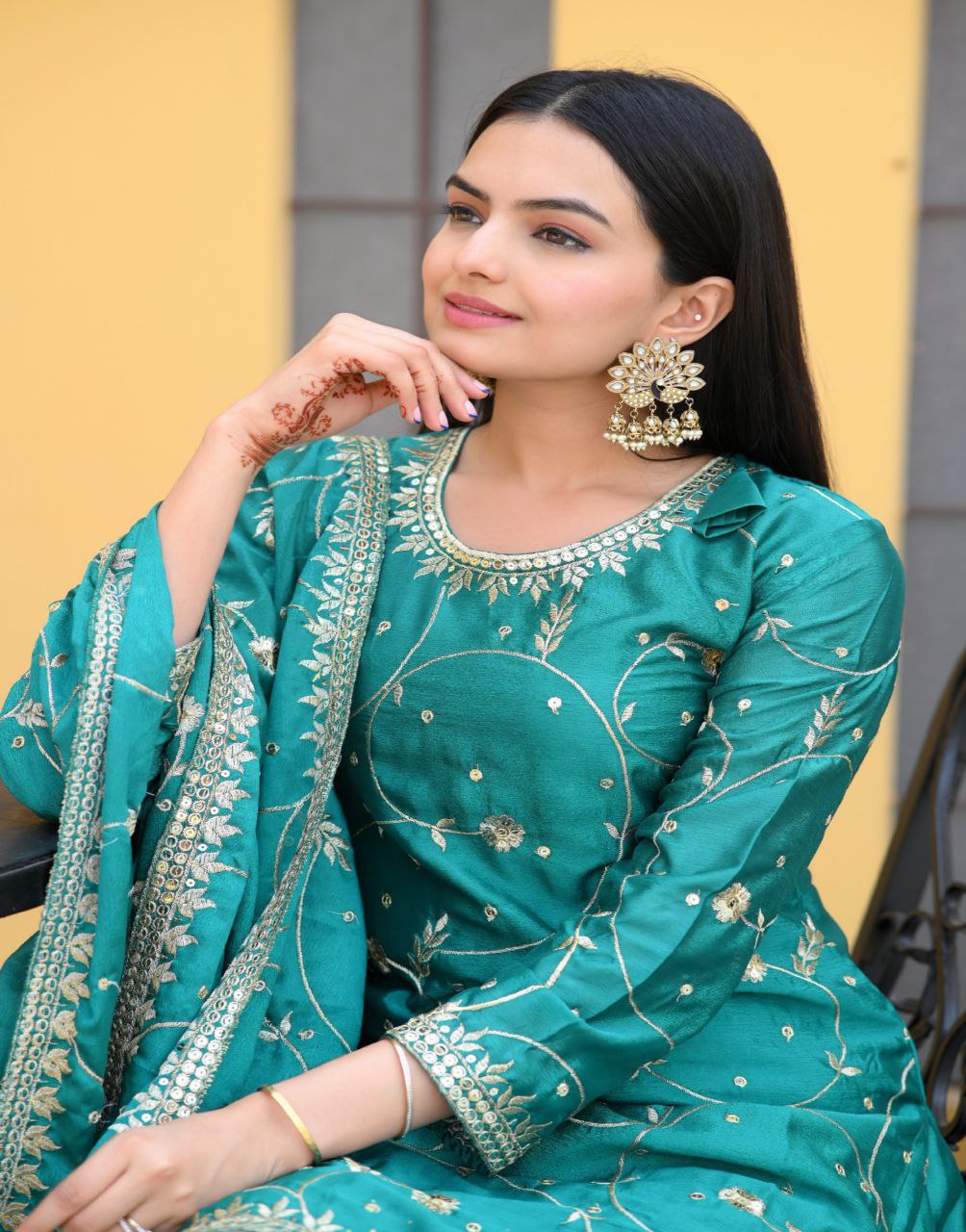 Lehenga Mart Designer Chinon Suit With Sequence Embroidered Work - Green