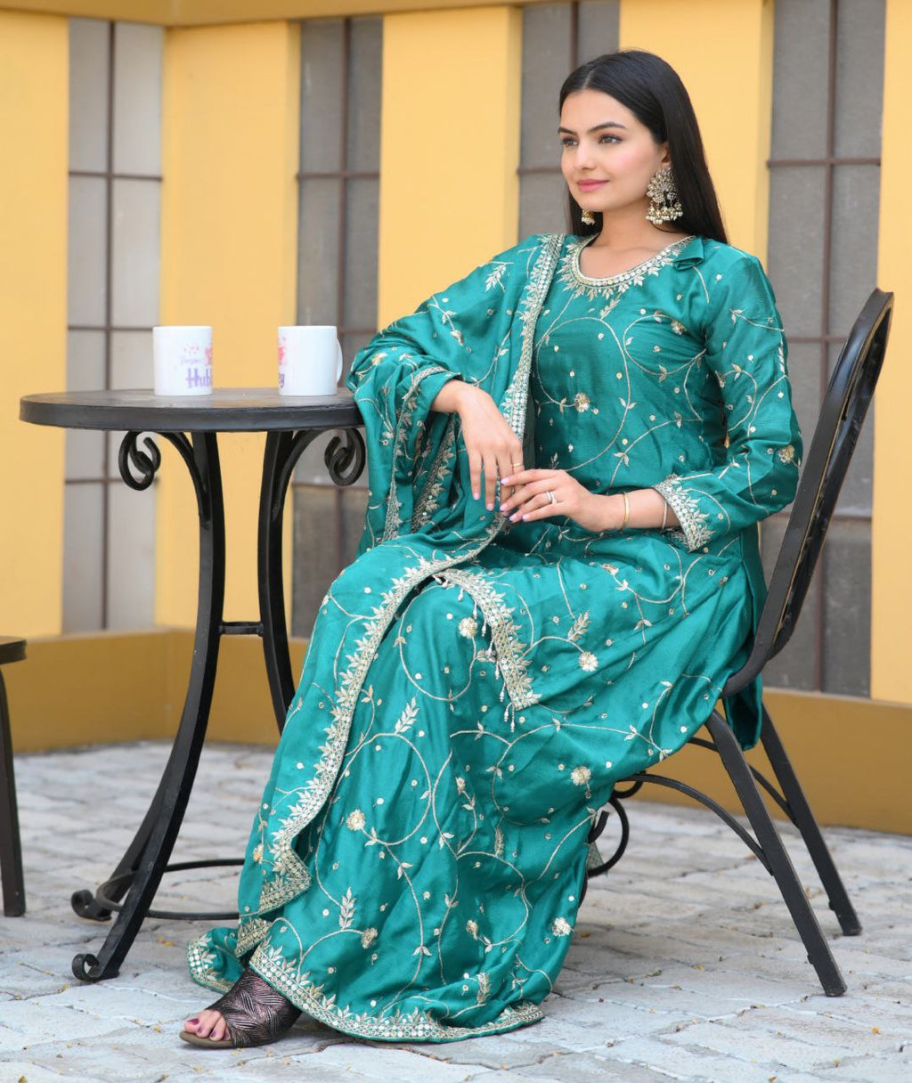 Lehenga Mart Designer Chinon Suit With Sequence Embroidered Work - Green