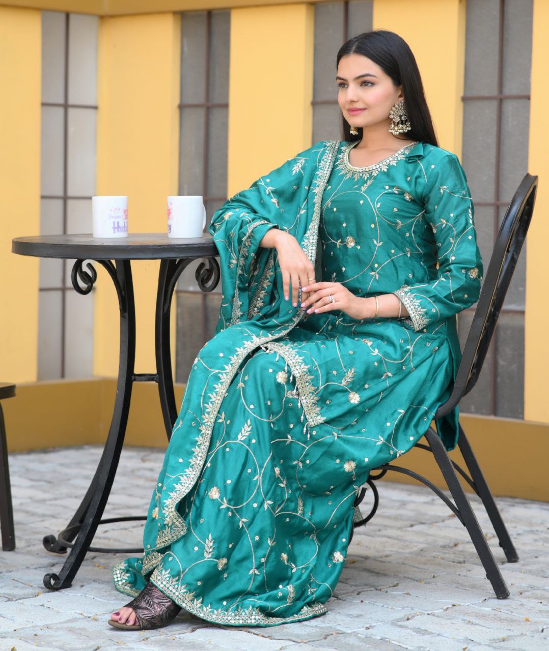 Lehenga Mart Designer Chinon Suit With Sequence Embroidered Work - Green