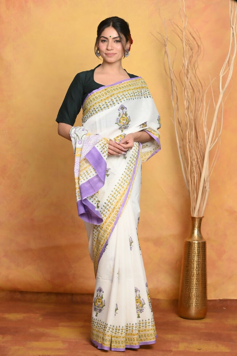 Very Much Indian Handblock Printed Cotton Saree With Natural Dyes - White - Distacart