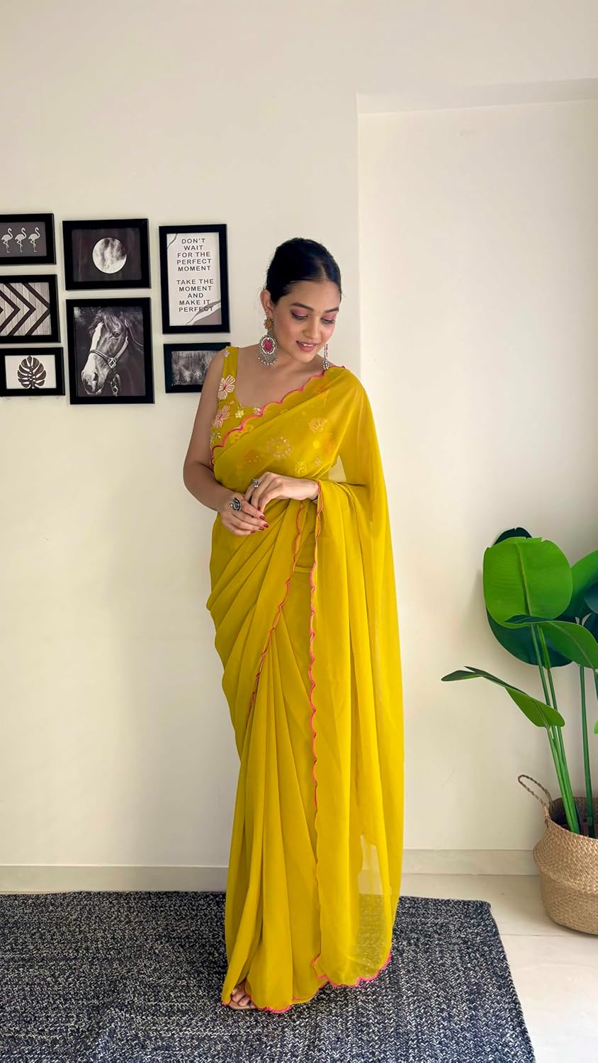 Vamika Embroidery Mustard Georgette Bollywood Saree - Distacart