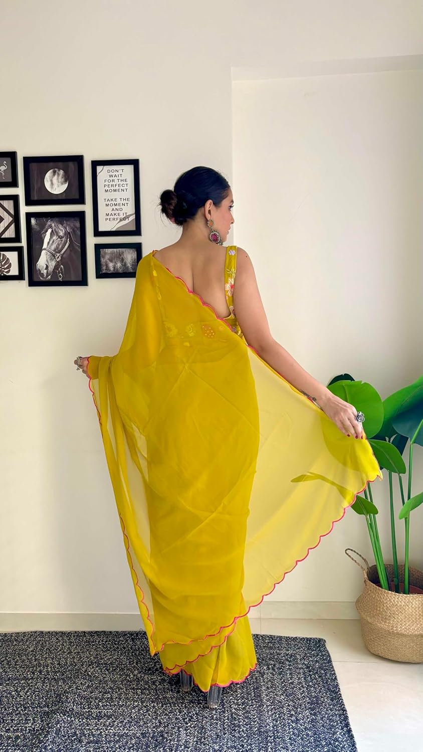 Vamika Embroidery Mustard Georgette Bollywood Saree - Distacart