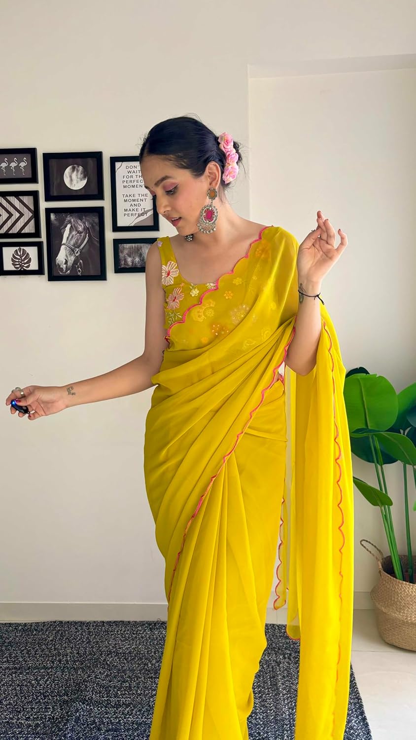 Vamika Embroidery Mustard Georgette Bollywood Saree - Distacart