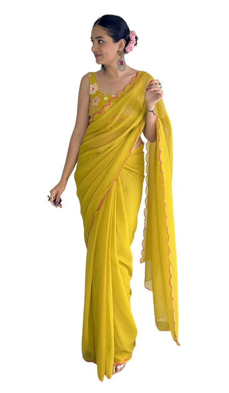 Vamika Embroidery Mustard Georgette Bollywood Saree