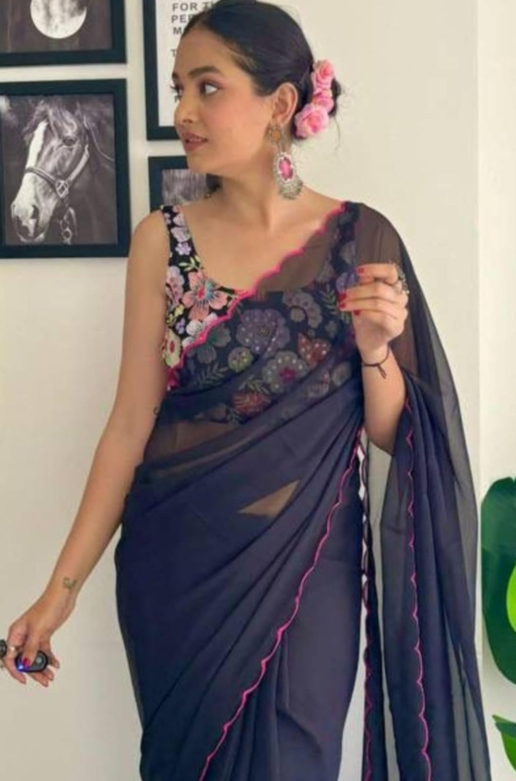 Vamika Embroidery Navy Blue Georgette Bollywood Saree - Distacart