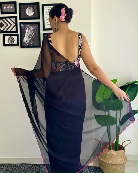 Vamika Embroidery Navy Blue Georgette Bollywood Saree - Distacart