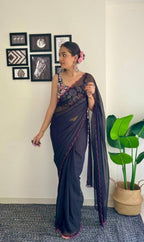 Vamika Embroidery Navy Blue Georgette Bollywood Saree - Distacart