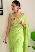 Vamika Embroidery Parrot Green Georgette Bollywood Saree - Distacart