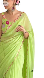 Vamika Embroidery Parrot Green Georgette Bollywood Saree - Distacart