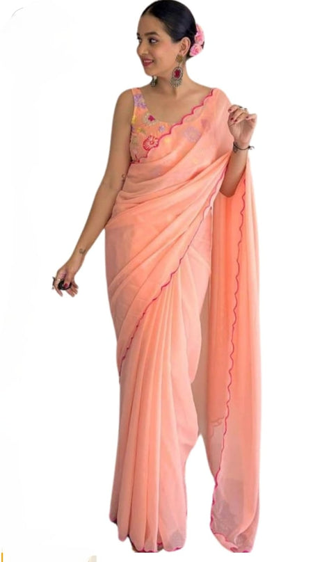 Vamika Embroidery Peach Georgette Bollywood Saree