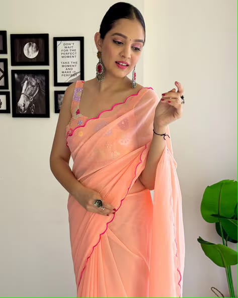 Vamika Embroidery Peach Georgette Bollywood Saree - Distacart