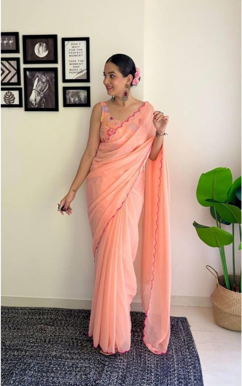 Vamika Embroidery Peach Georgette Bollywood Saree - Distacart