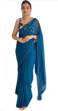 Vamika Embroidery Rama Green Georgette Bollywood Saree - Distacart
