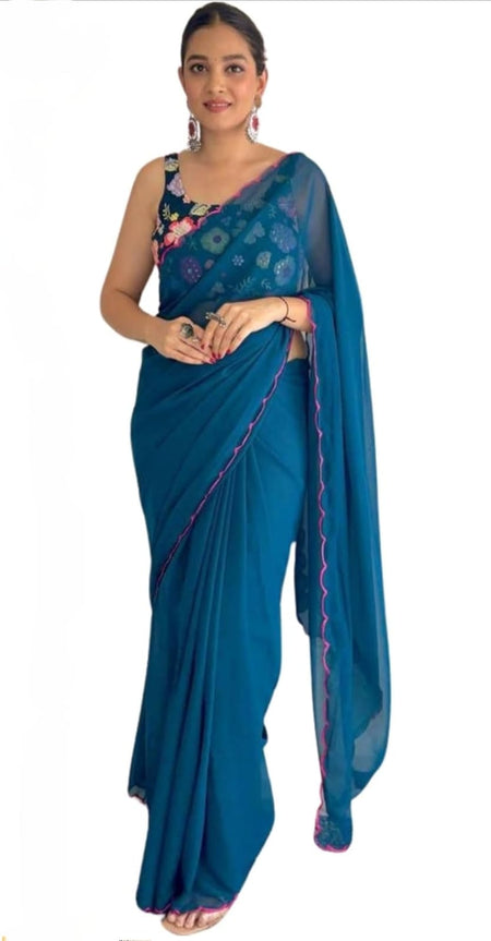 Vamika Embroidery Rama Green Georgette Bollywood Saree