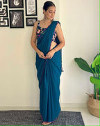Vamika Embroidery Rama Green Georgette Bollywood Saree - Distacart