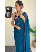 Vamika Embroidery Rama Green Georgette Bollywood Saree - Distacart