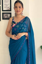 Vamika Embroidery Rama Green Georgette Bollywood Saree - Distacart