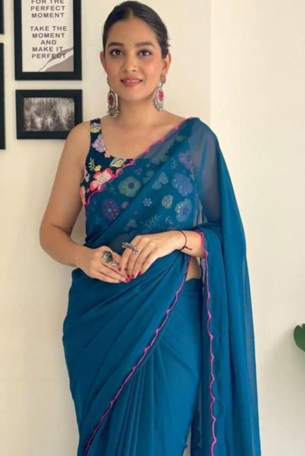 Vamika Embroidery Rama Green Georgette Bollywood Saree - Distacart