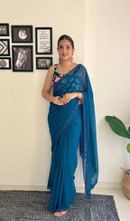Vamika Embroidery Rama Green Georgette Bollywood Saree - Distacart