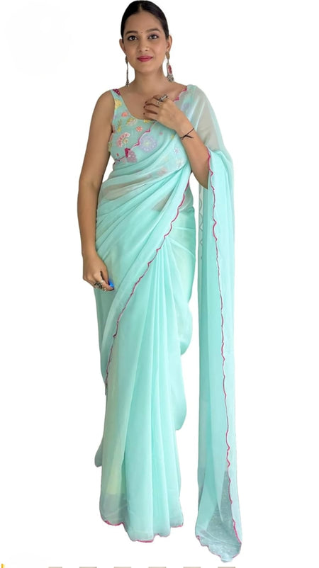 Vamika Embroidery Sky Blue Georgette Bollywood Saree