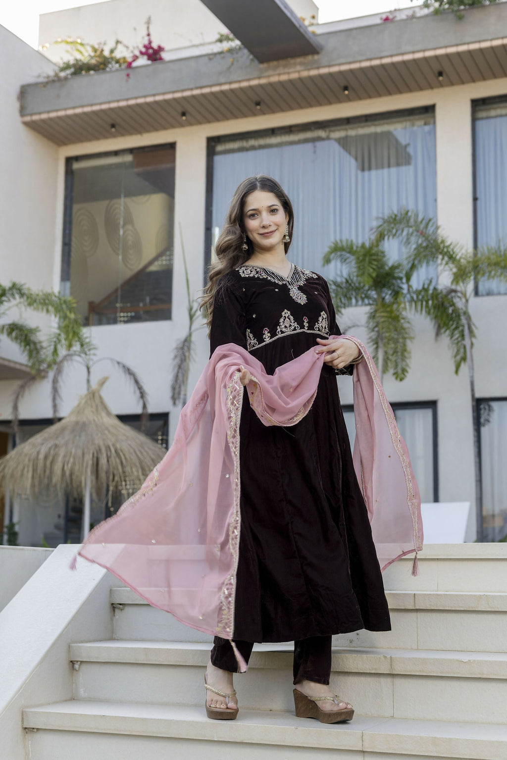 The52 Women's Beautiful Velvet Fabric Embroidery Work Flared Anarkali Pant and Dupatta Set - Distacart