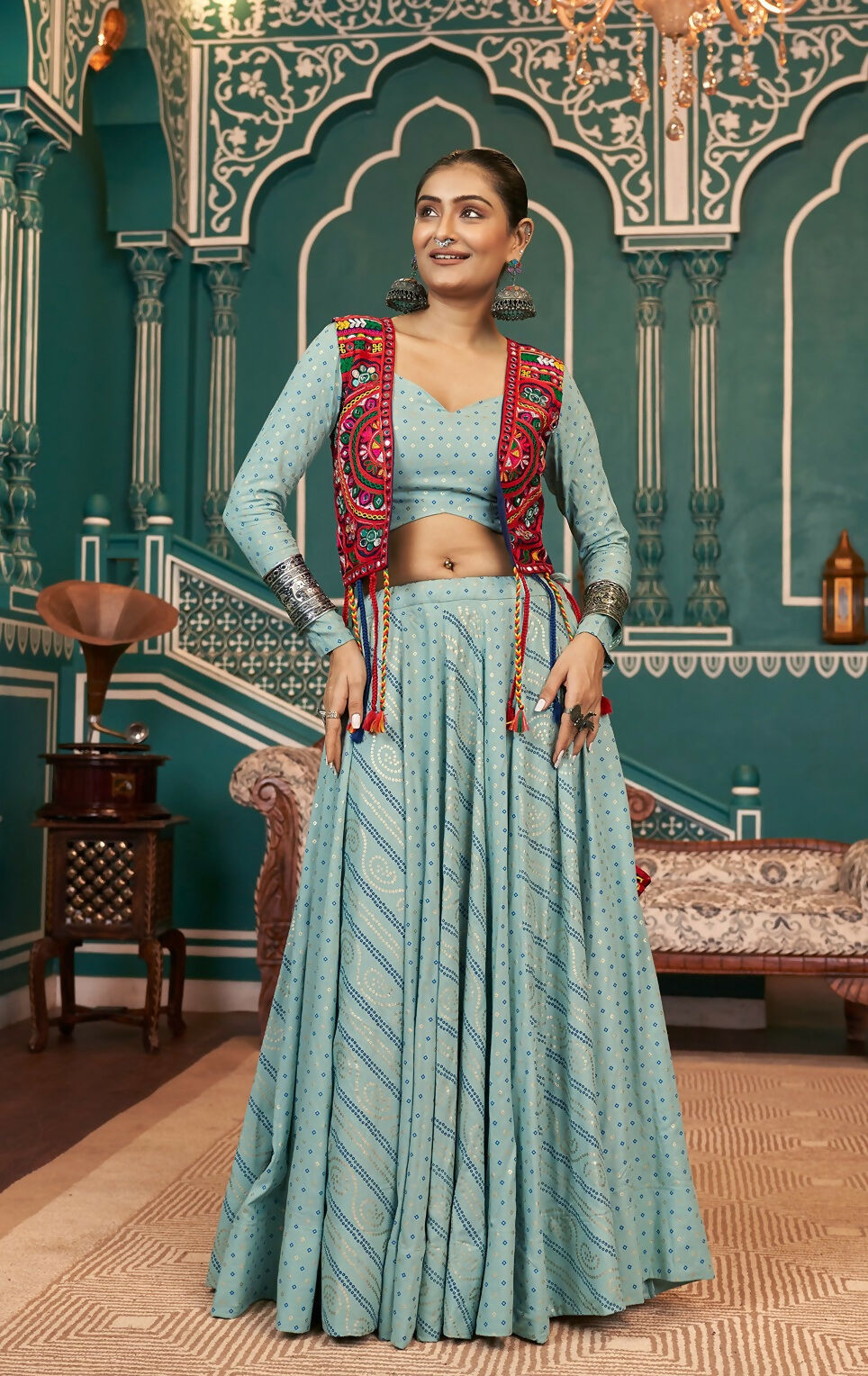 AI Fashion Pista Green Viscose Rayon Designer Navratri Lehenga Choli Collection