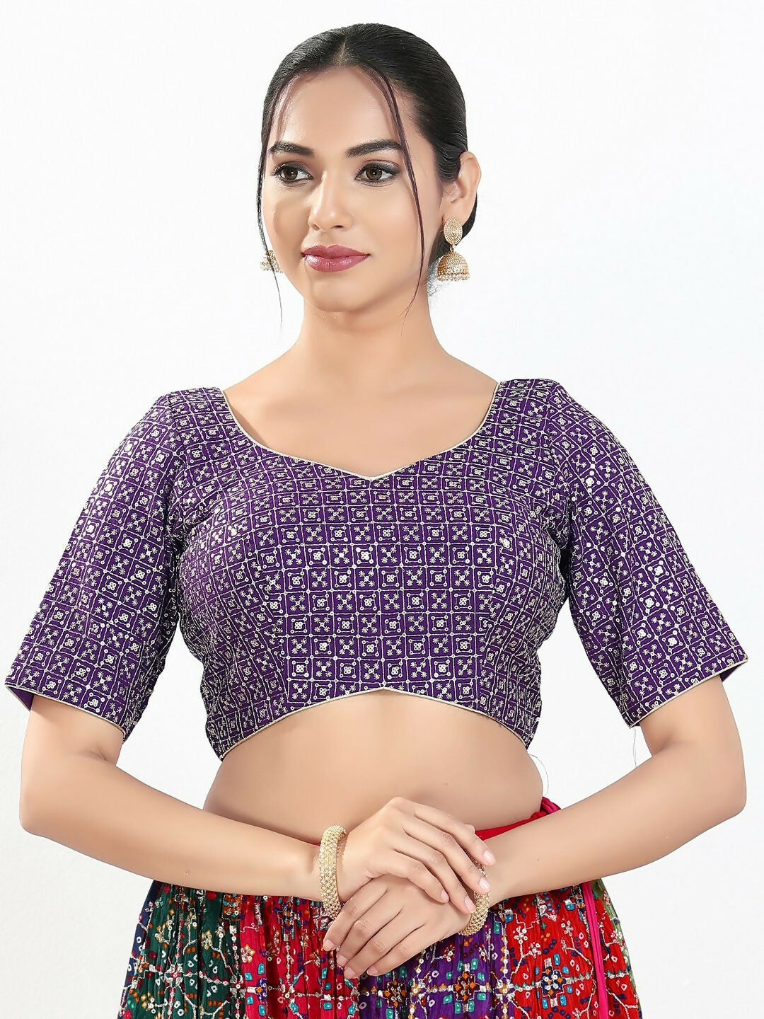 Joban Fashion Brinjal Silk Padded Blouse With Sweetheart Neck Elbow Sleeves - Distacart