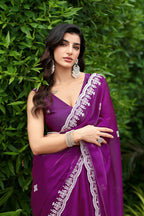Vastranavya Purple Embroidery Work Shimmer Chiffon Saree with Unstitched Blouse - Distacart