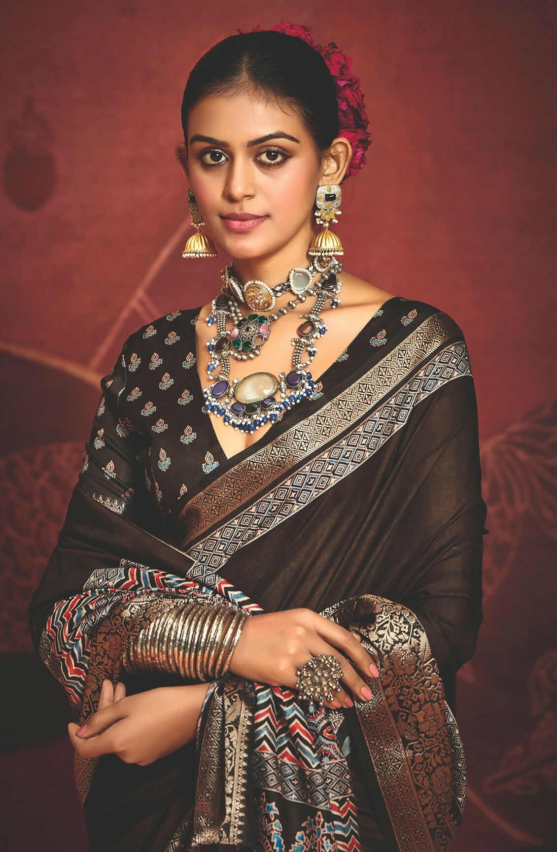 Joban Fashion Brown Art Silk With Fine Viscose Border Ajrak Full Body Print With Soft Finish Saree - Distacart