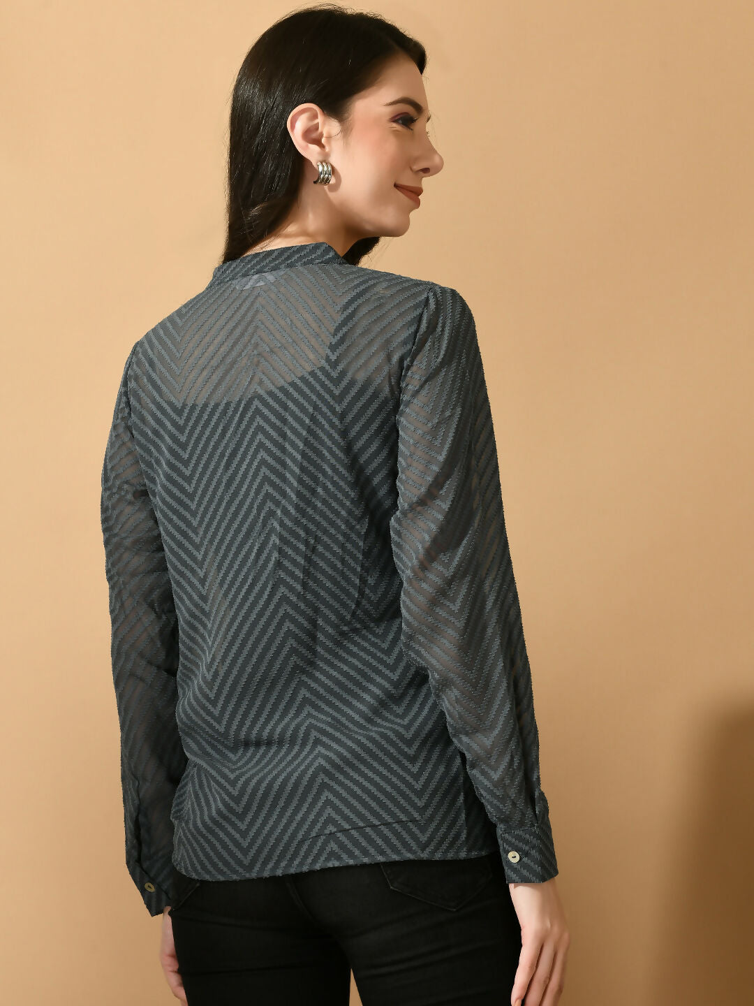 Myshka Women's Grey Georgette Solid Sheer Shirt