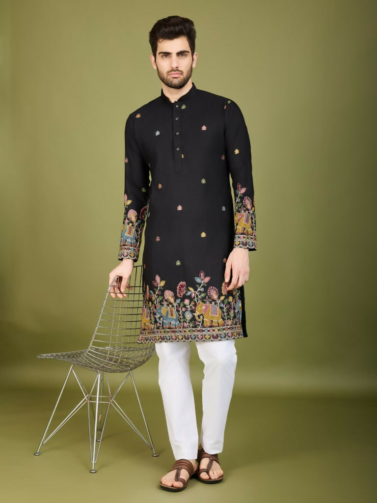 Vastranavya Black Exclusive Festival Wear Cotton Sequence Embroidered & Thread Work Kurta
