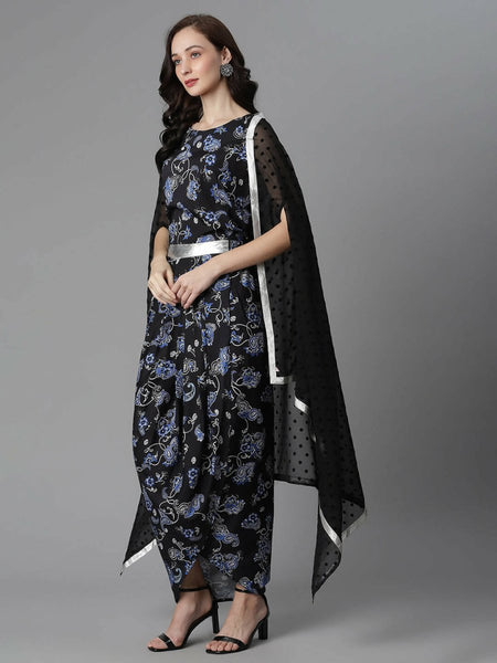Ahalyaa Women's Black Color Crepe Digital Print Top Skirt With Shrug