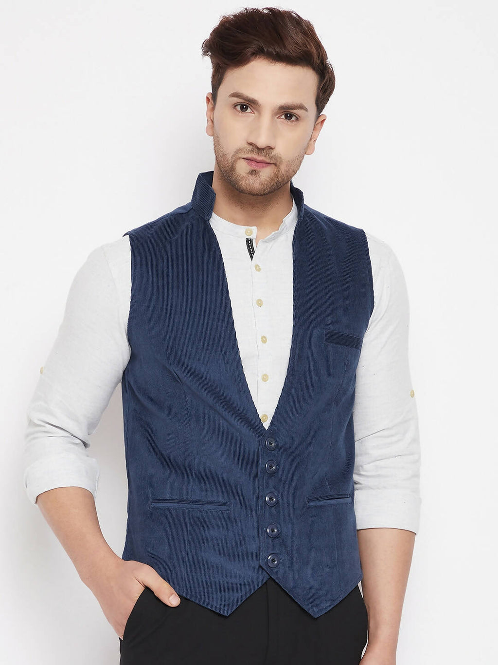 Even Apparels Blue Merino Men Woven Nehru Jacket - Distacart