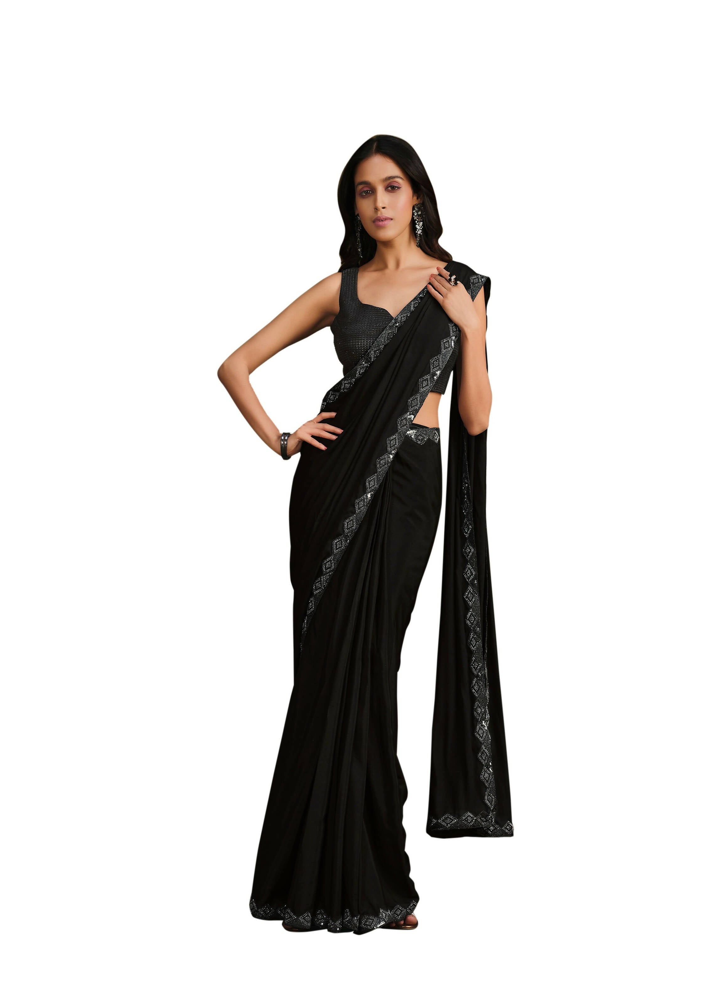 Black Crepe Silk Sequence Embroidered & Stone Work With Sequence Work Jacket Saree With Stitched Blouse - Mohmanthan La Belle