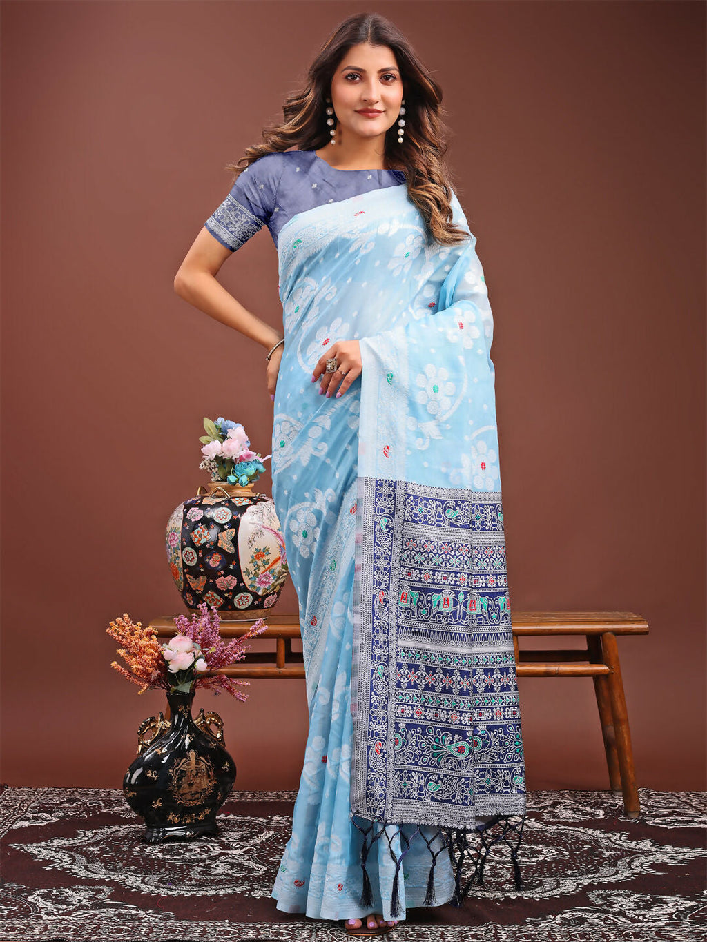 Shree Shyam Fashion Anaya Sky Blue Linen Cotton Saree