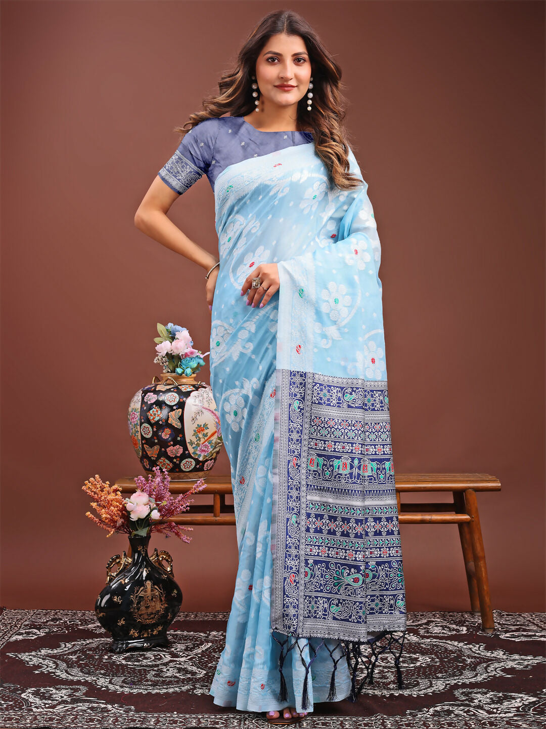 Shree Shyam Fashion Anaya Sky Blue Linen Cotton Saree