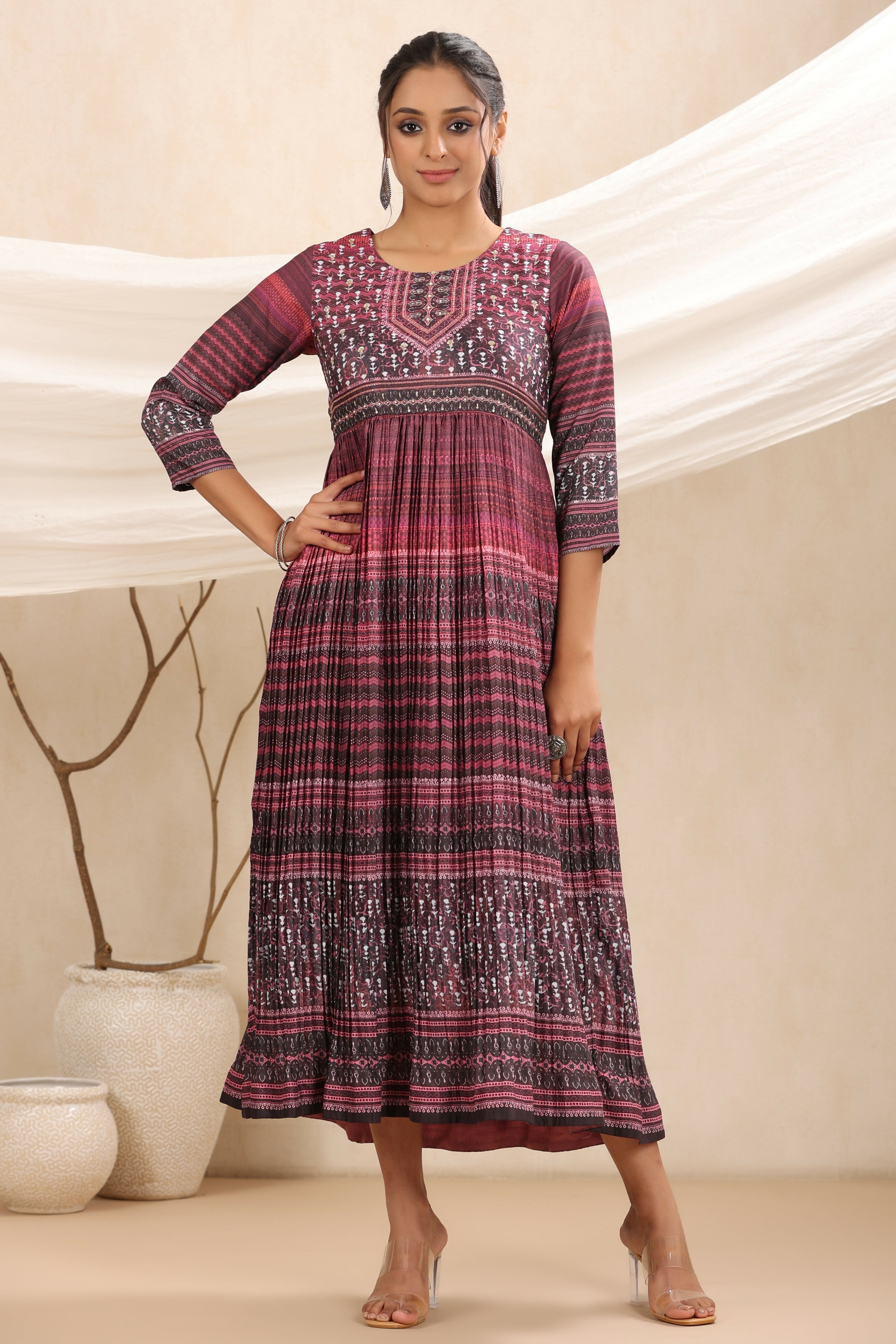 Juniper Purple muslin maxi dress with ethnic motif print with sequins & beads work - Distacart